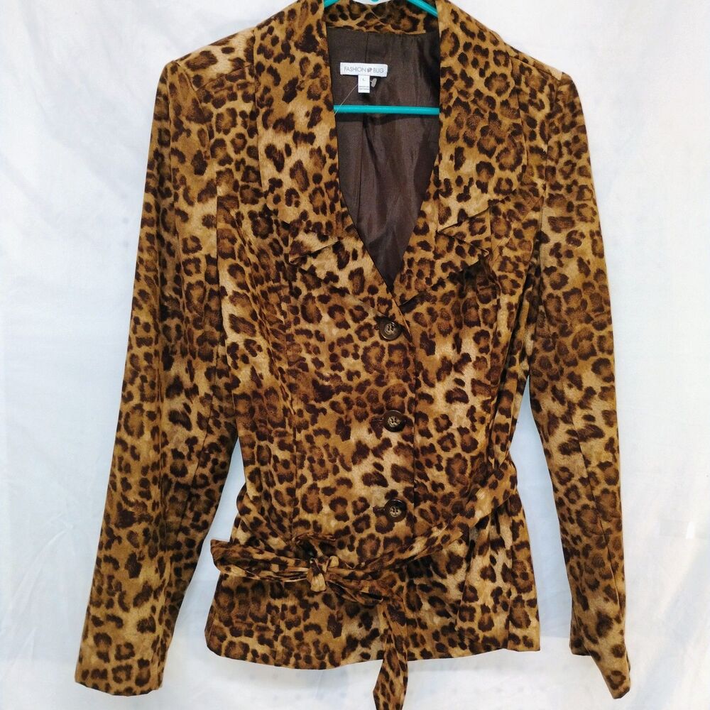 Fashion Bug Leopard Print Jacket • Belted • Size  L Length y2k large